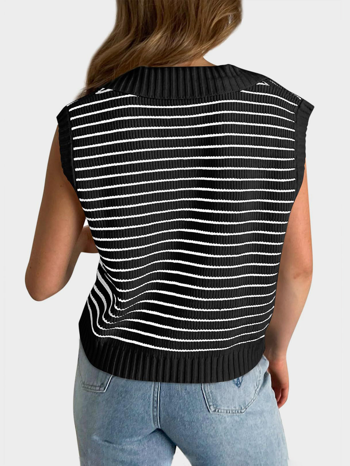 LIZAKOSHT  -  Mandy Collared Neck Striped Sweater Vest