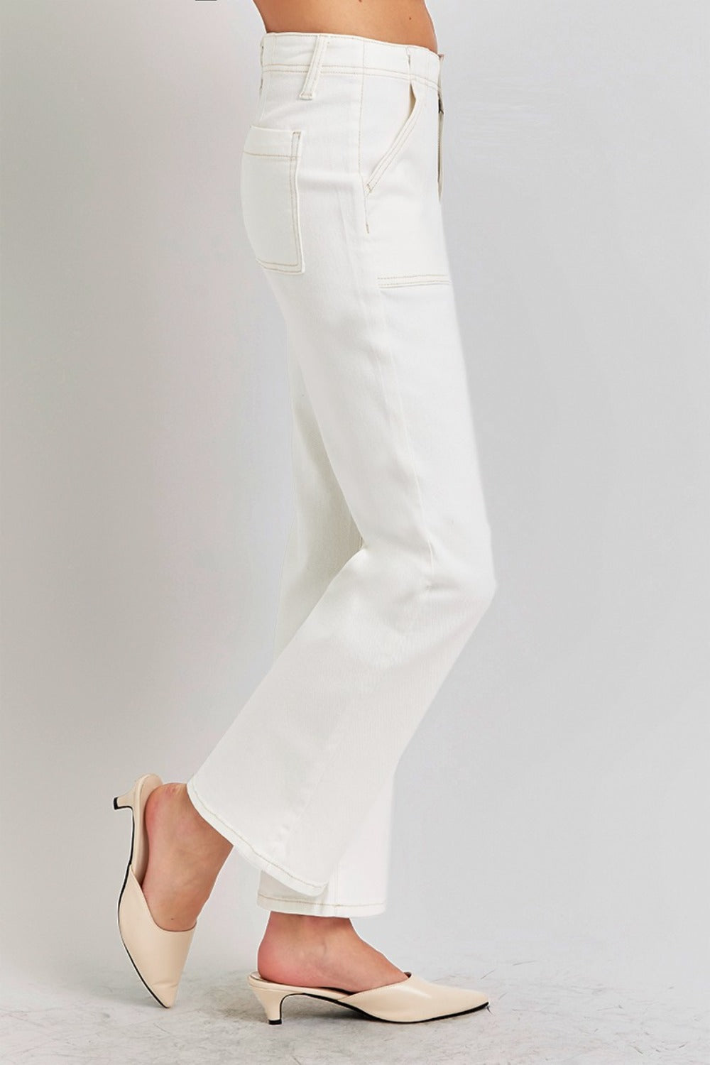 LIZAKOSHT  -  High Rise Ankle Flare Jeans with Patch Pockets