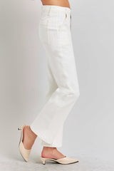 LIZAKOSHT  -  High Rise Ankle Flare Jeans with Patch Pockets