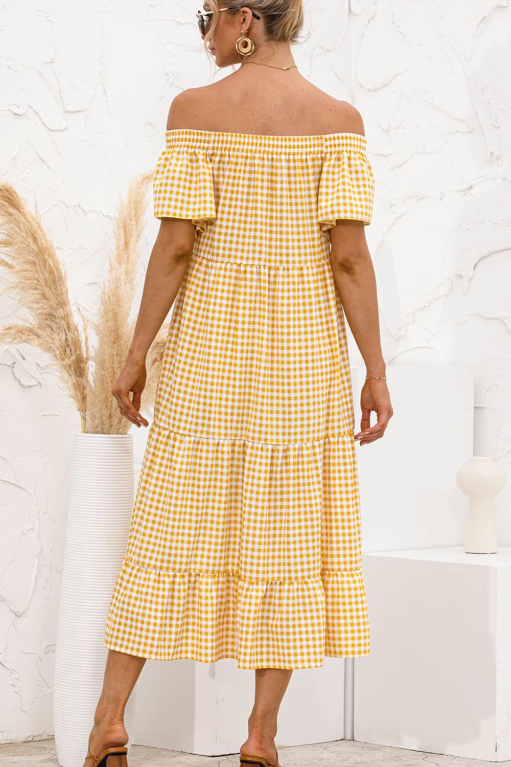 LIZAKOSHT  -  Plaid Off-Shoulder Tiered Midi Dress