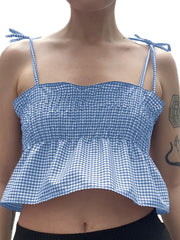LIZAKOSHT  -  Y2K-Inspired Red & White Gingham Print Crop Camisole for Women - Sleeveless Tie-Strap Top with Ruffled Hem, Casual Streetwear & Clubwear, Machine Washable Polyester, Club Fashion Top | Offshoulder Camisole | Pol
