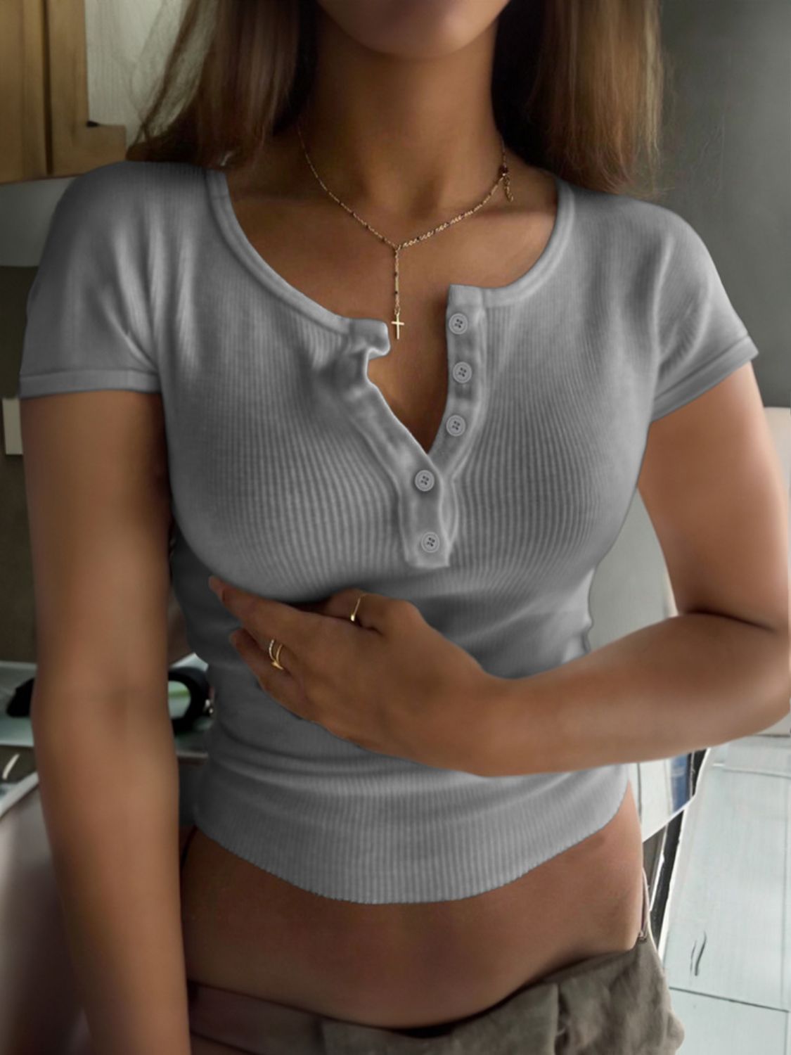 LIZAKOSHT  -  Devine Button Detail Round Neck Short Sleeve T-Shirt