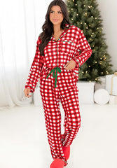 LIZAKOSHT  -  Plaid Collared Neck Long Sleeve Top and Pants Set