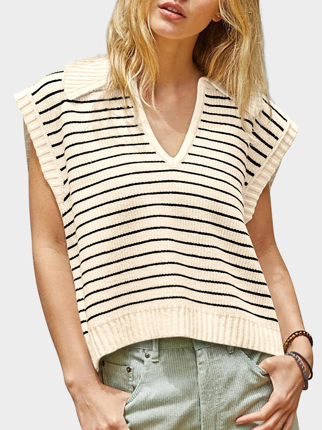 LIZAKOSHT  -  Mandy Collared Neck Striped Sweater Vest