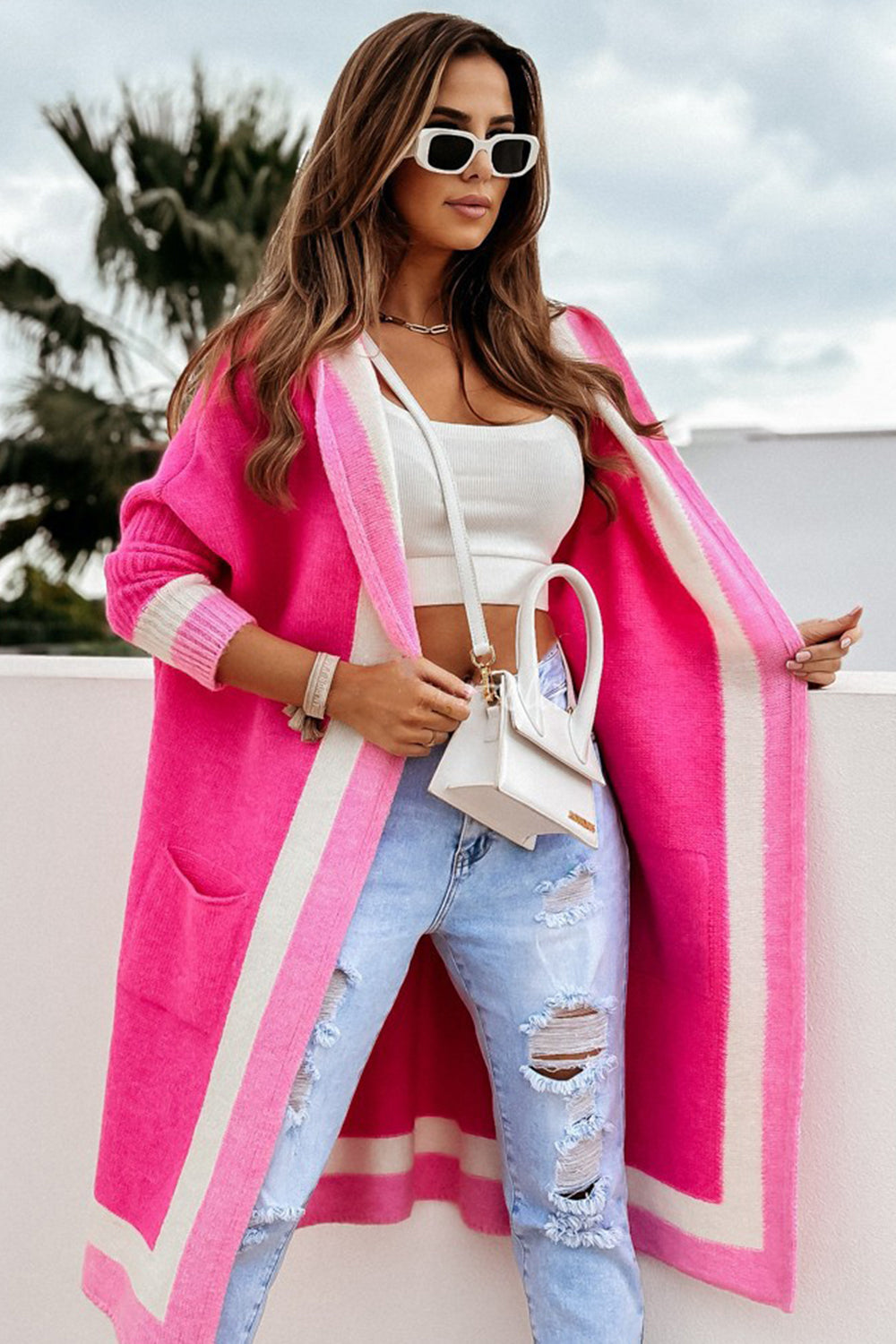 LIZAKOSHT  -  Pocketed Contrast Long Sleeve Hooded Cardigan