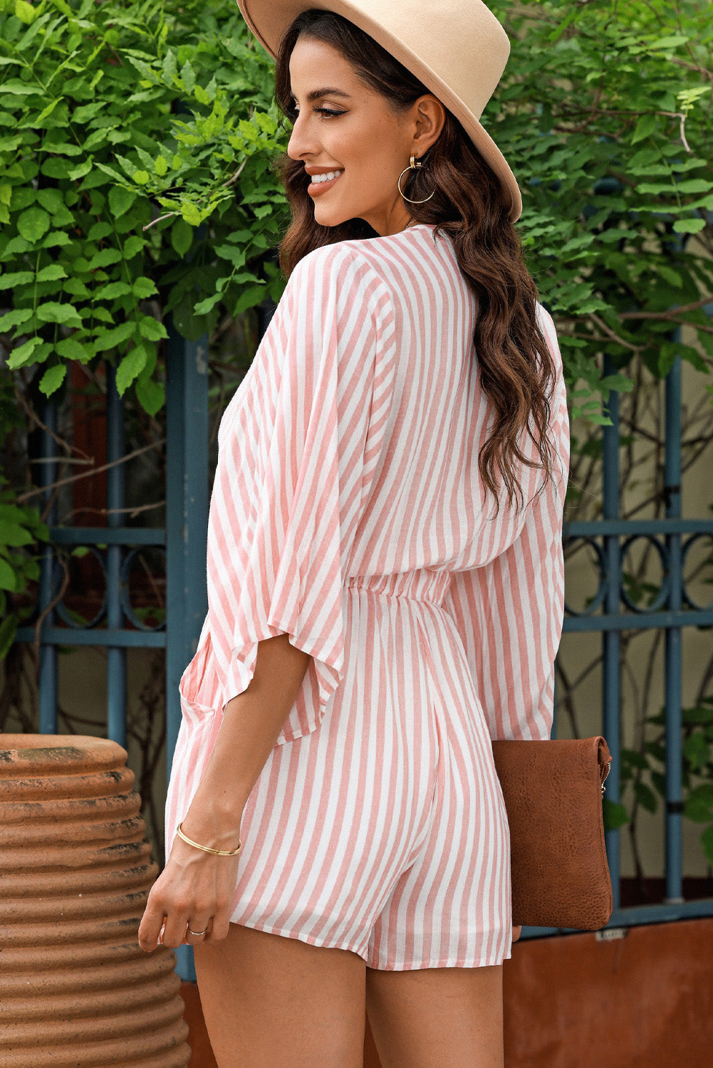 LIZAKOSHT  -  Bow Striped Kimono Sleeve Romper