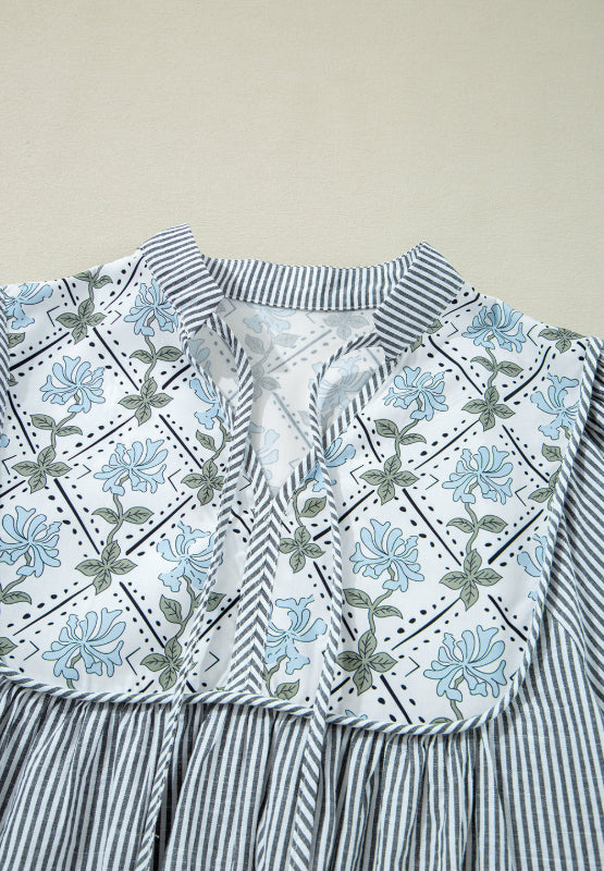 LIZAKOSHT  -  Tied Floral Printed Striped Long Sleeve Dress