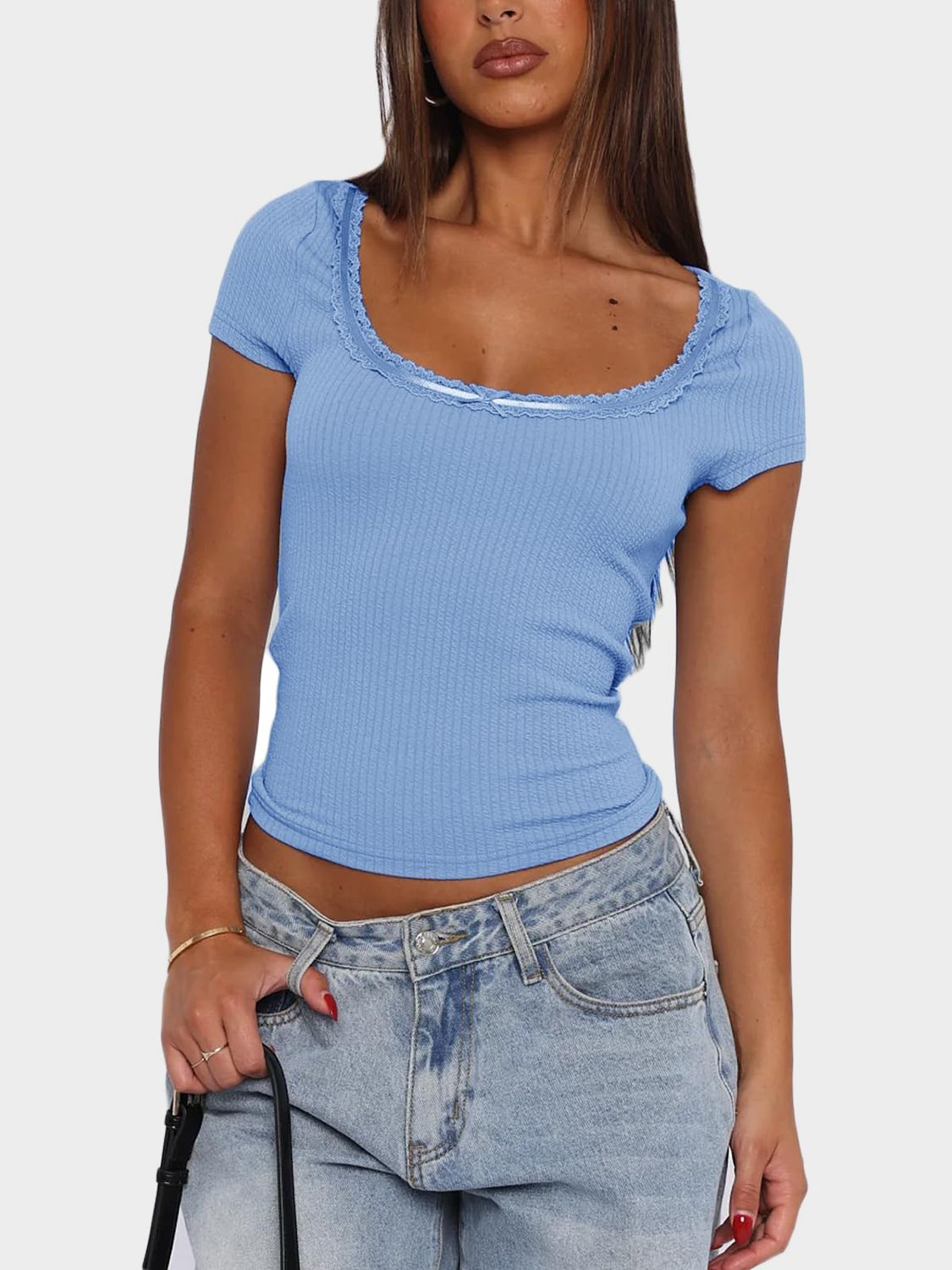 LIZAKOSHT  -  Lace Detail Scoop Neck Short Sleeve T-Shirt