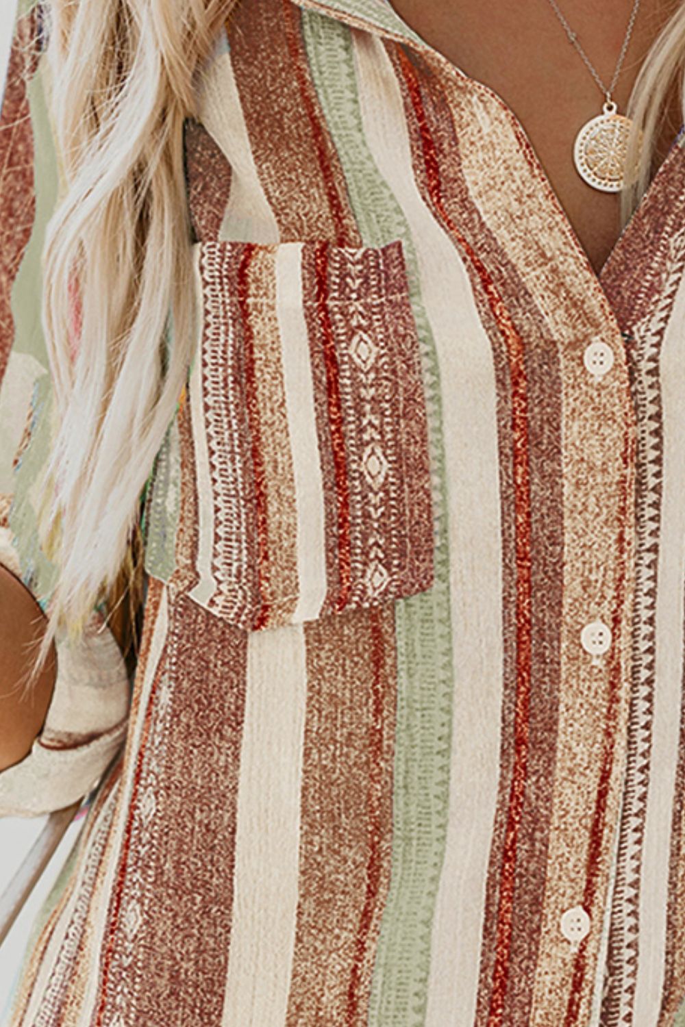 LIZAKOSHT  -  Striped Collared Neck Long Sleeve Shirt