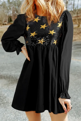 LIZAKOSHT  -  Sequin Star Round Neck Flounce Sleeve Mini Dress