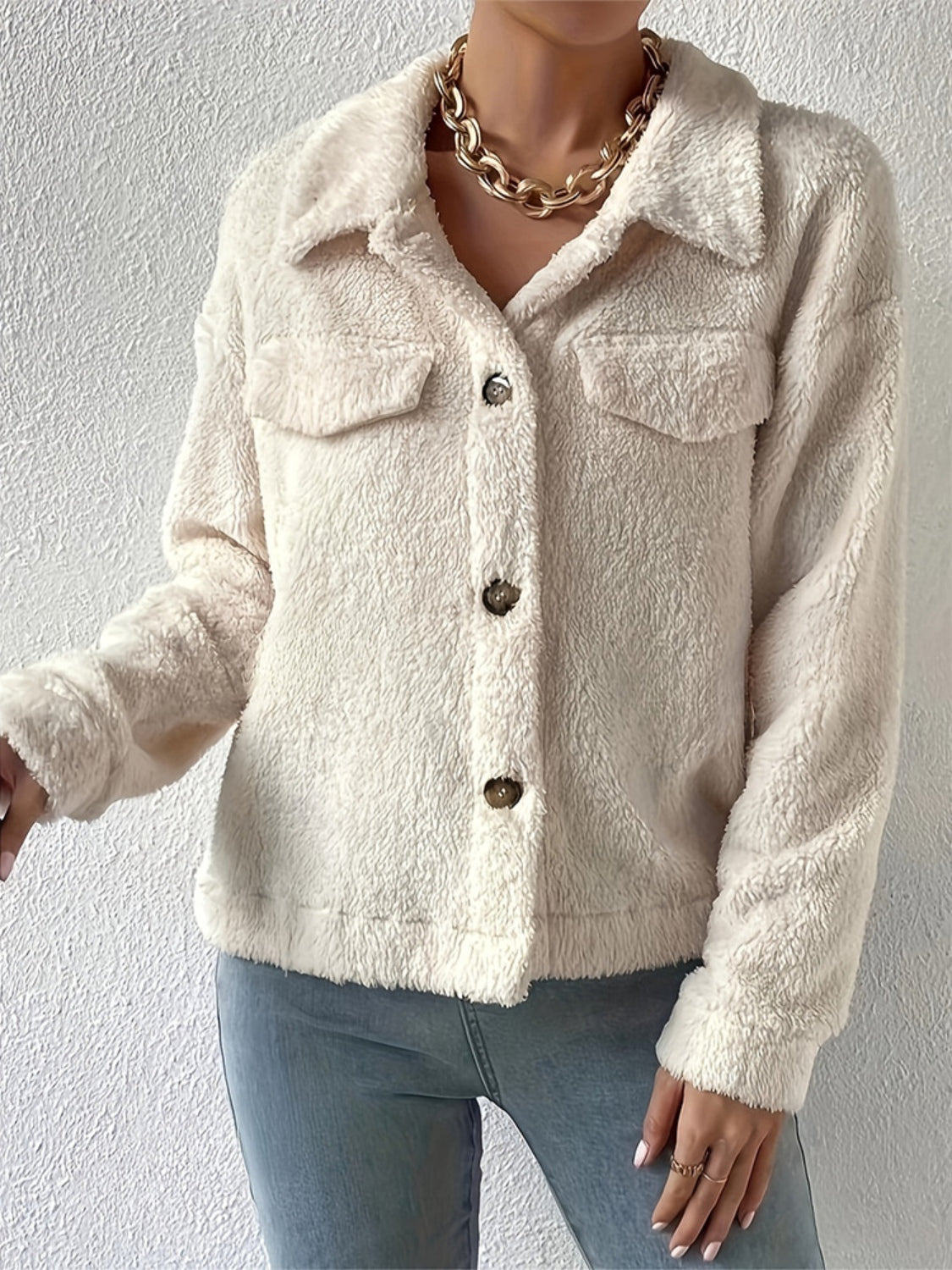 LIZAKOSHT  -  Collared Neck Button Up Jacket with Decorative Pocket Flaps