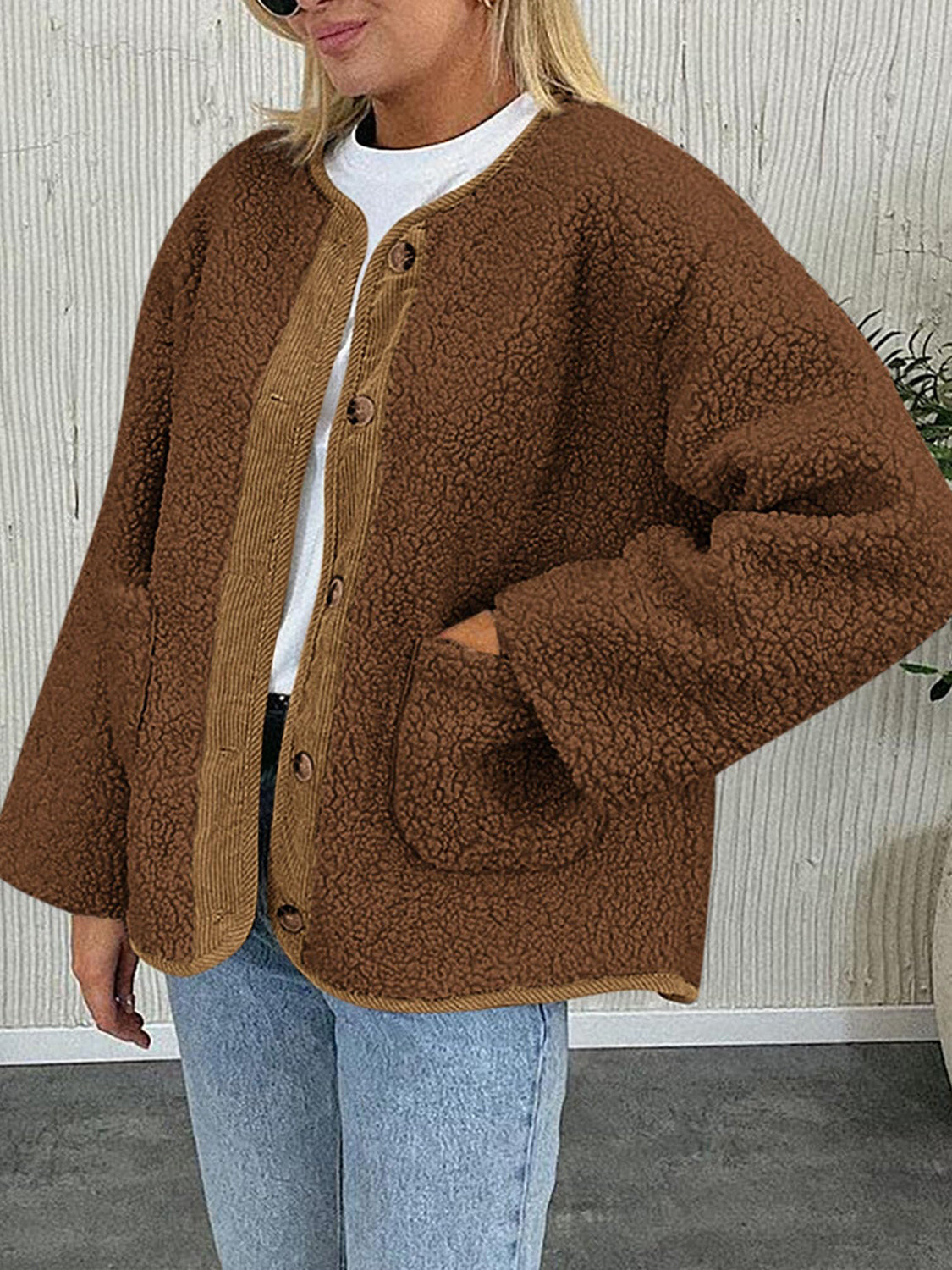 LIZAKOSHT  -  Contrast Button Up Sherpa Jacket with Pockets