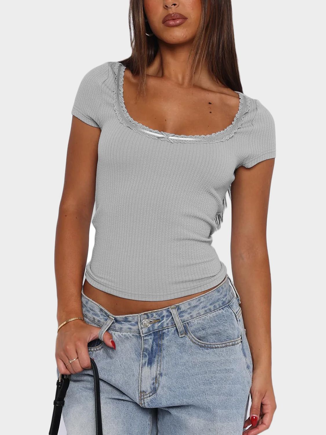 LIZAKOSHT  -  Lace Detail Scoop Neck Short Sleeve T-Shirt