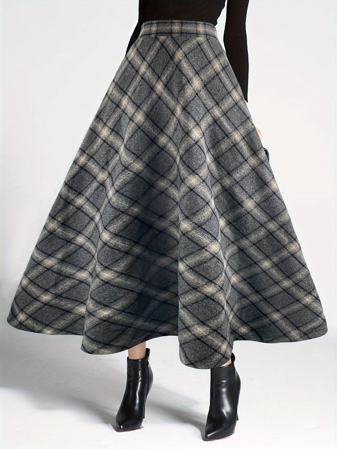 LIZAKOSHT  -  Plaid Elastic Waist Midi Skirt