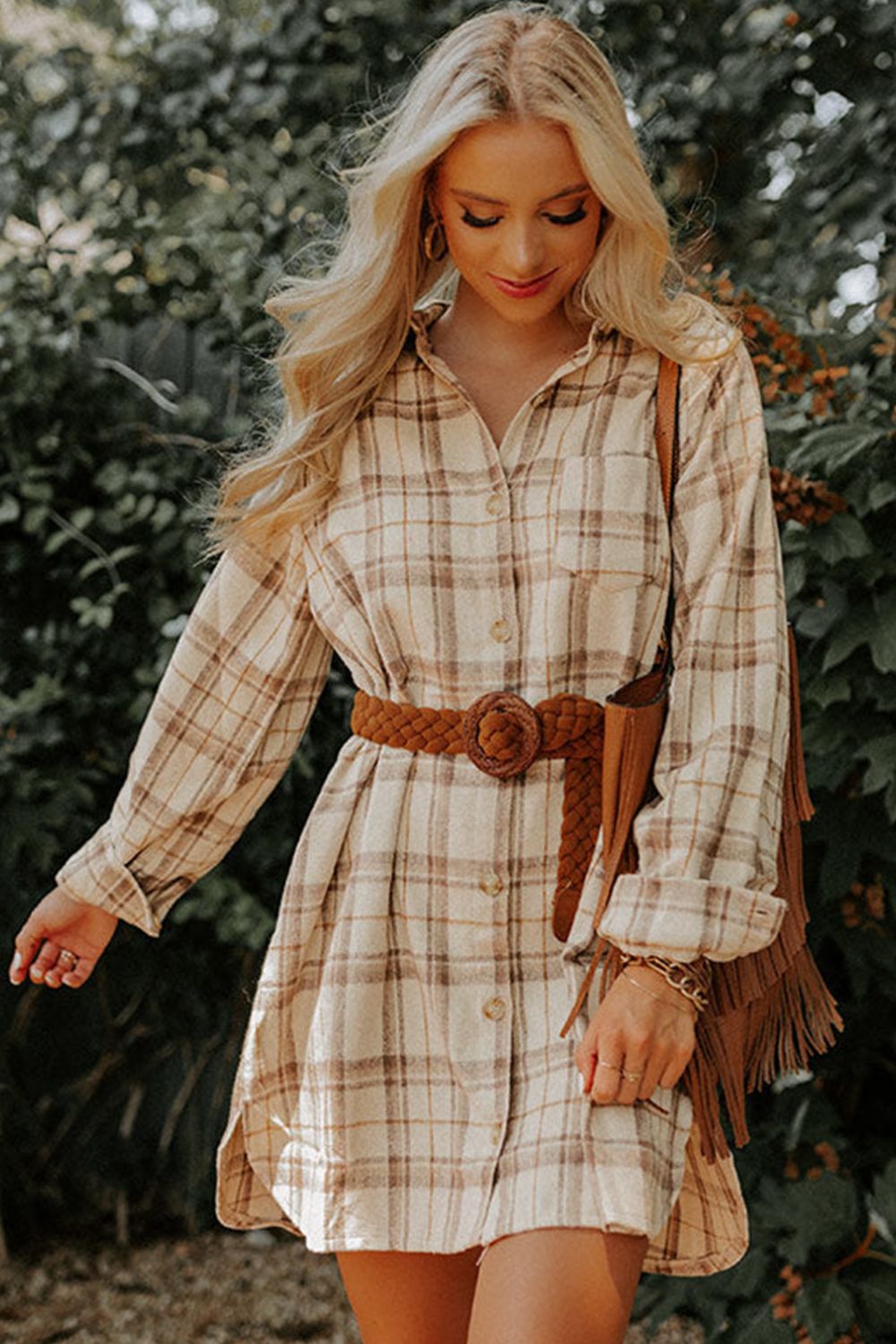 LIZAKOSHT  -  Plaid Collared Neck Long Sleeve Mini Shirt Dress