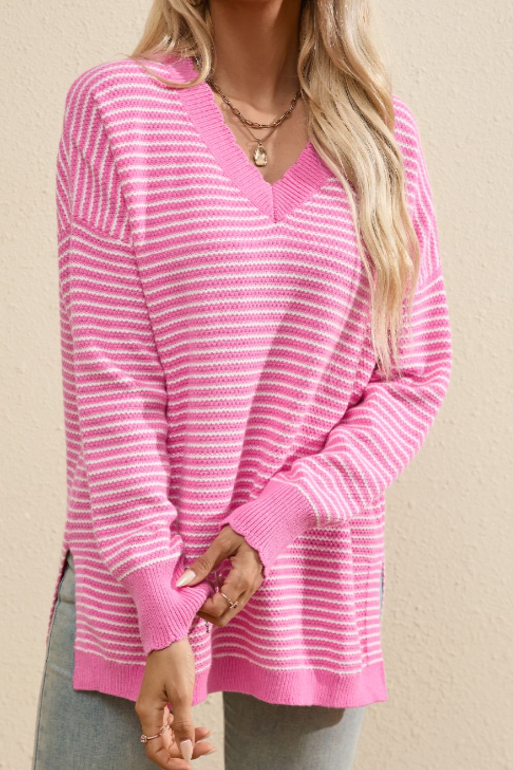 LIZAKOSHT  -  Striped V-Neck Dropped Shoulder Sweater