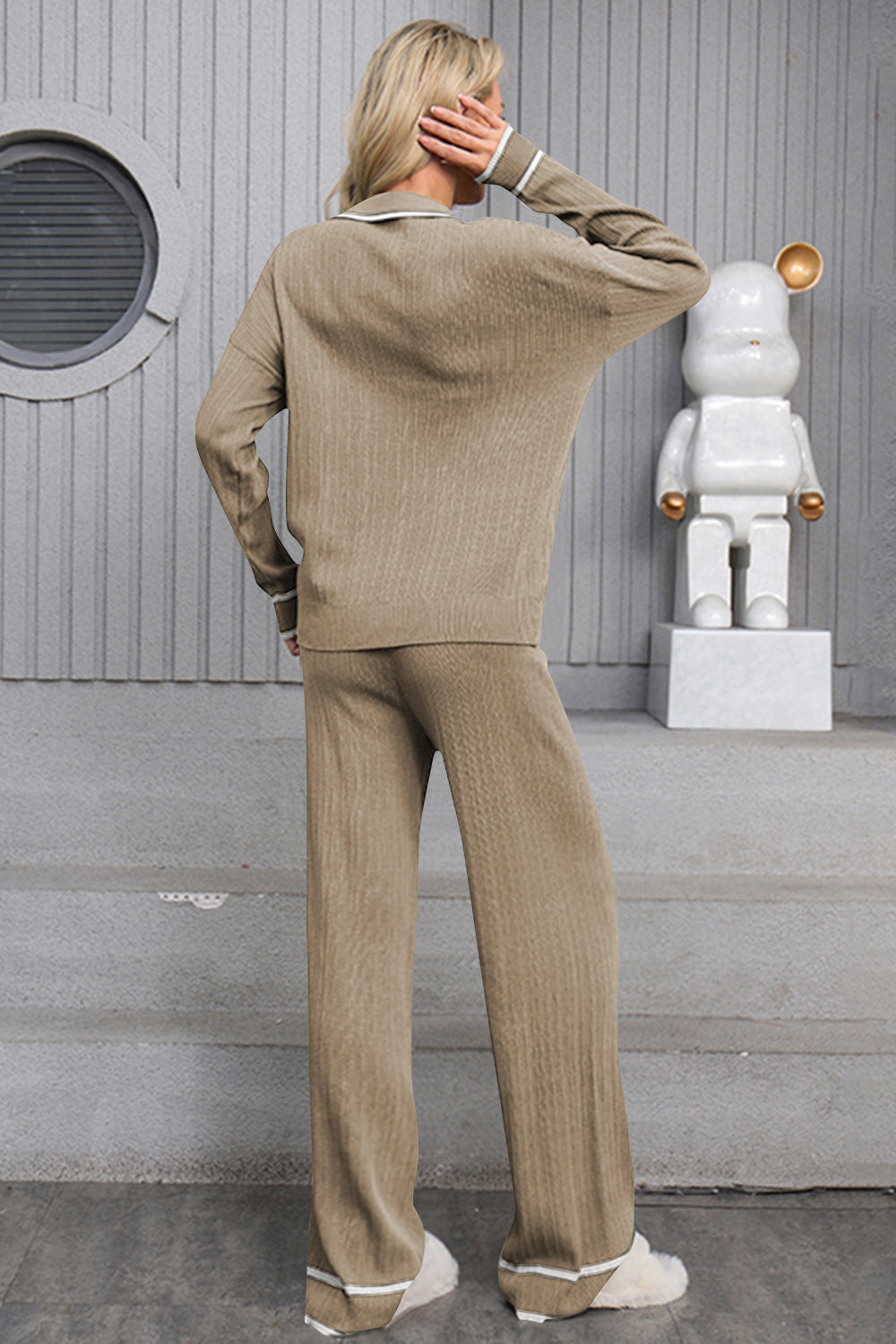 LIZAKOSHT  -  Contrast Trim Johnny Collar Top and Drawstring Pants Sweater Set