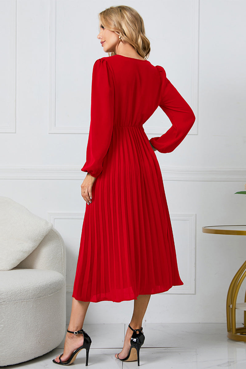 LIZAKOSHT  -  V-Neck Long Sleeve Tie Waist Midi Dress