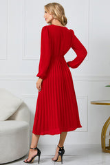 LIZAKOSHT  -  V-Neck Long Sleeve Tie Waist Midi Dress