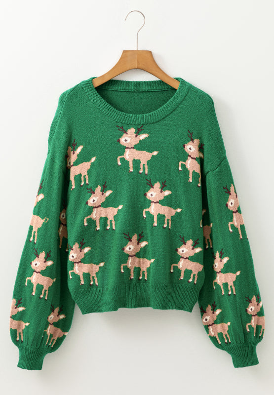 LIZAKOSHT  -  Reindeer Round Neck Drop Shoulder Sweater