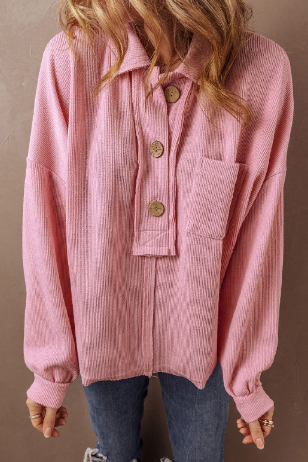 LIZAKOSHT  -  Pocketed Half Button Long Sleeve Sweatshirt