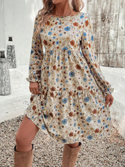 LIZAKOSHT  -  Tiered Floral Round Neck Long Sleeve Dress