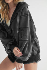 LIZAKOSHT  -  Exposed Seam Zip Up Drawstring Hooded Jacket