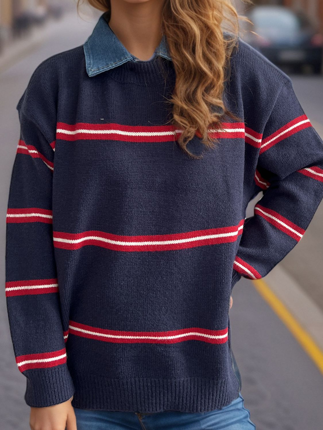 LIZAKOSHT  -  Contrast Stripes Round Neck Long Sleeve Sweater