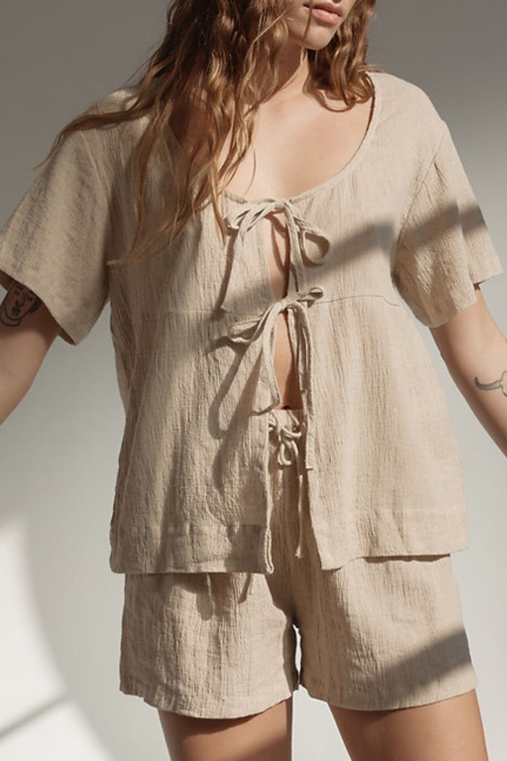 LIZAKOSHT  -  Plaid Tied Scoop Neck Short Sleeve Top and Drawstring Shorts Set