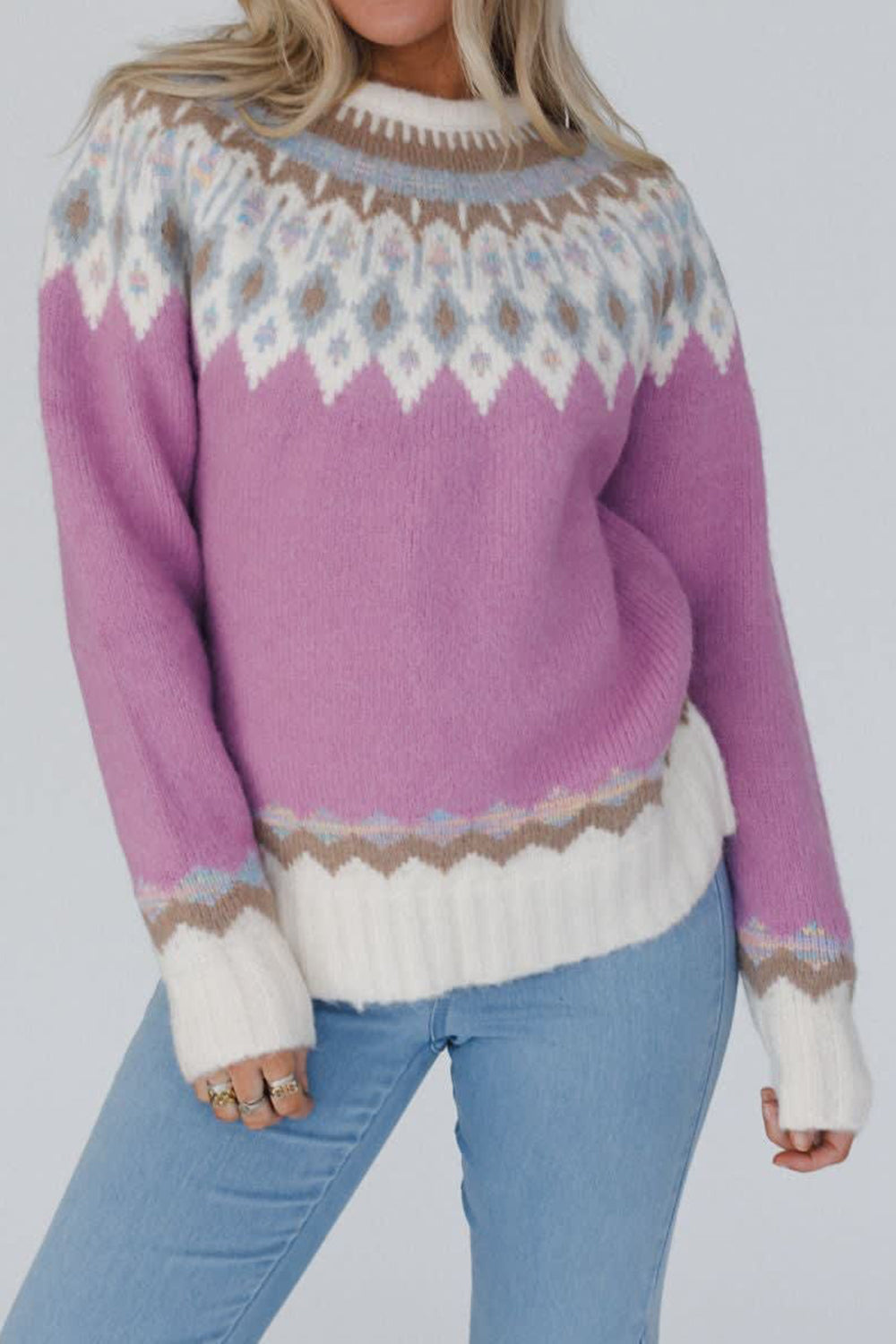 LIZAKOSHT  -  Geometric Round Neck Long Sleeve Sweater