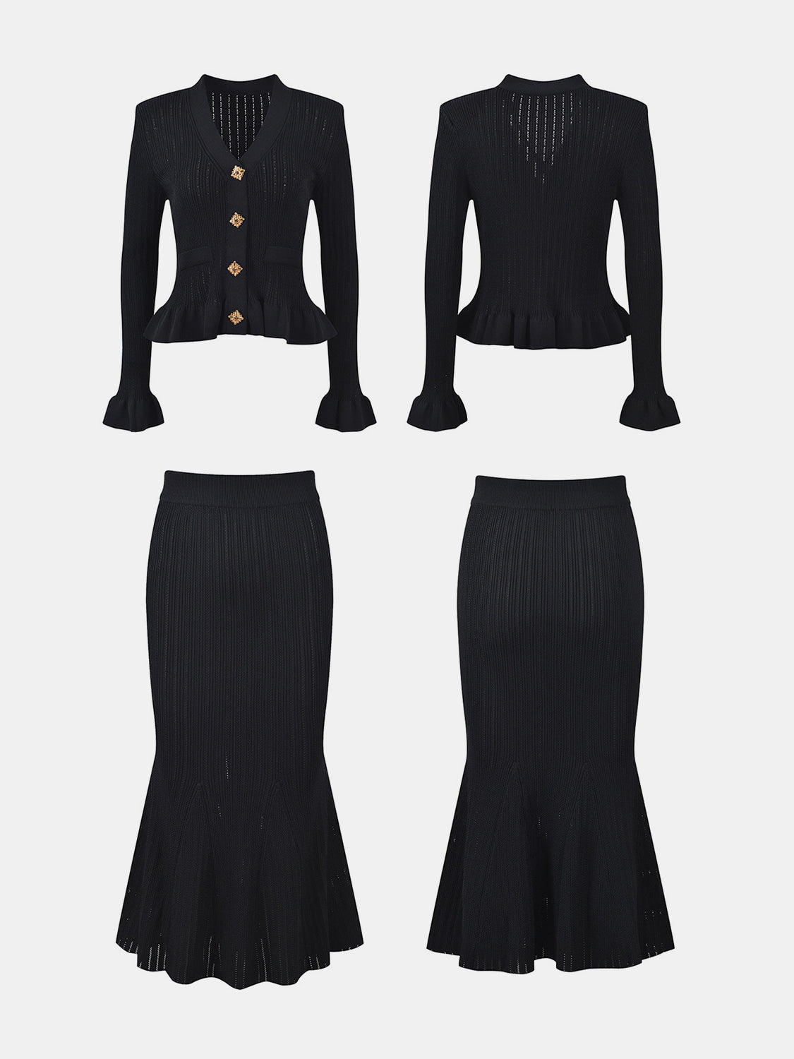 LIZAKOSHT  -  Ruffled V-Neck Top and Midi Skirt Sweater Set