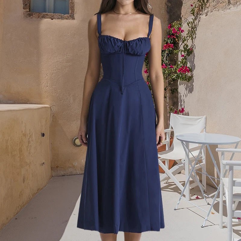 Women's Floral Corset Midi Dress,Summer Boho Sleeveless Square Neck Flowy Print Slit Lace Up Fitted Fairy Dress