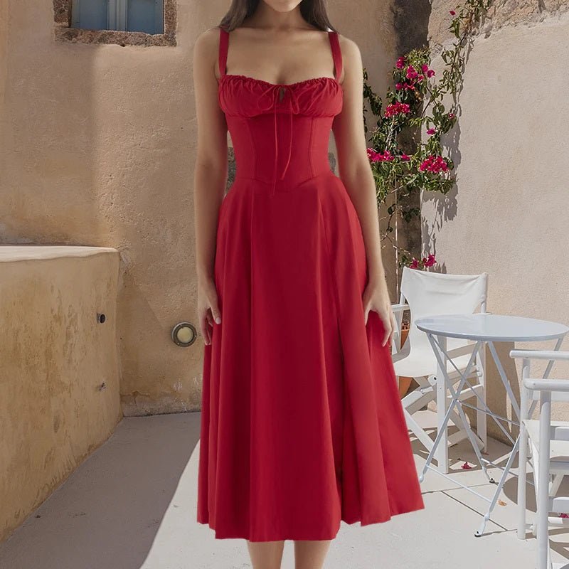 Women's Floral Corset Midi Dress,Summer Boho Sleeveless Square Neck Flowy Print Slit Lace Up Fitted Fairy Dress