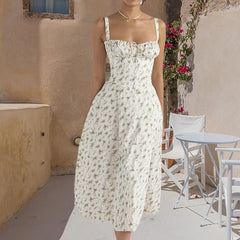 Women's Floral Corset Midi Dress,Summer Boho Sleeveless Square Neck Flowy Print Slit Lace Up Fitted Fairy Dress