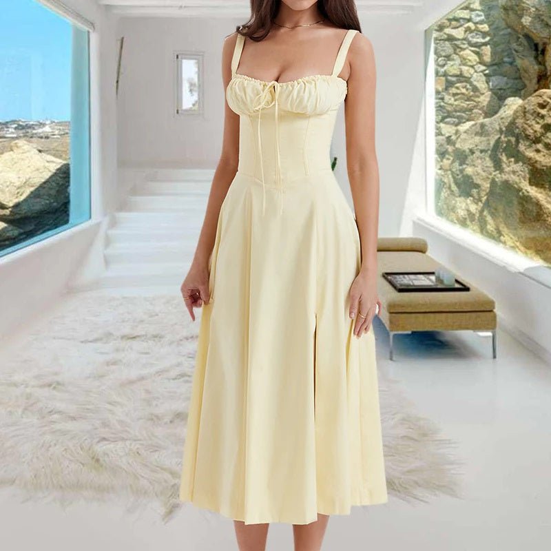 Women's Floral Corset Midi Dress,Summer Boho Sleeveless Square Neck Flowy Print Slit Lace Up Fitted Fairy Dress