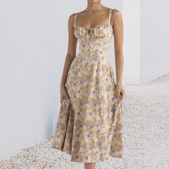 Women's Floral Corset Midi Dress,Summer Boho Sleeveless Square Neck Flowy Print Slit Lace Up Fitted Fairy Dress