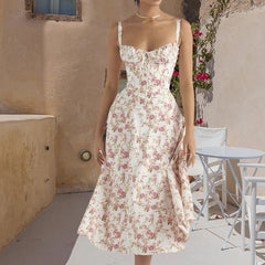 Women's Floral Corset Midi Dress,Summer Boho Sleeveless Square Neck Flowy Print Slit Lace Up Fitted Fairy Dress