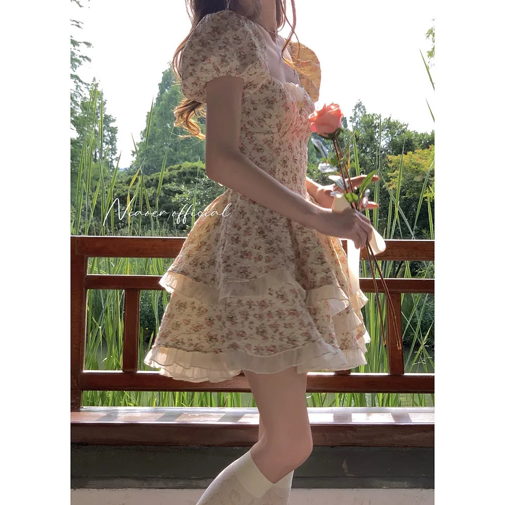 Lizakosht Summer Chiffon Floral Lace Princess Sets Women Halter Collar Sweet Two Piece Set Female Casual Kawaii Party Mini Skirt Sets
