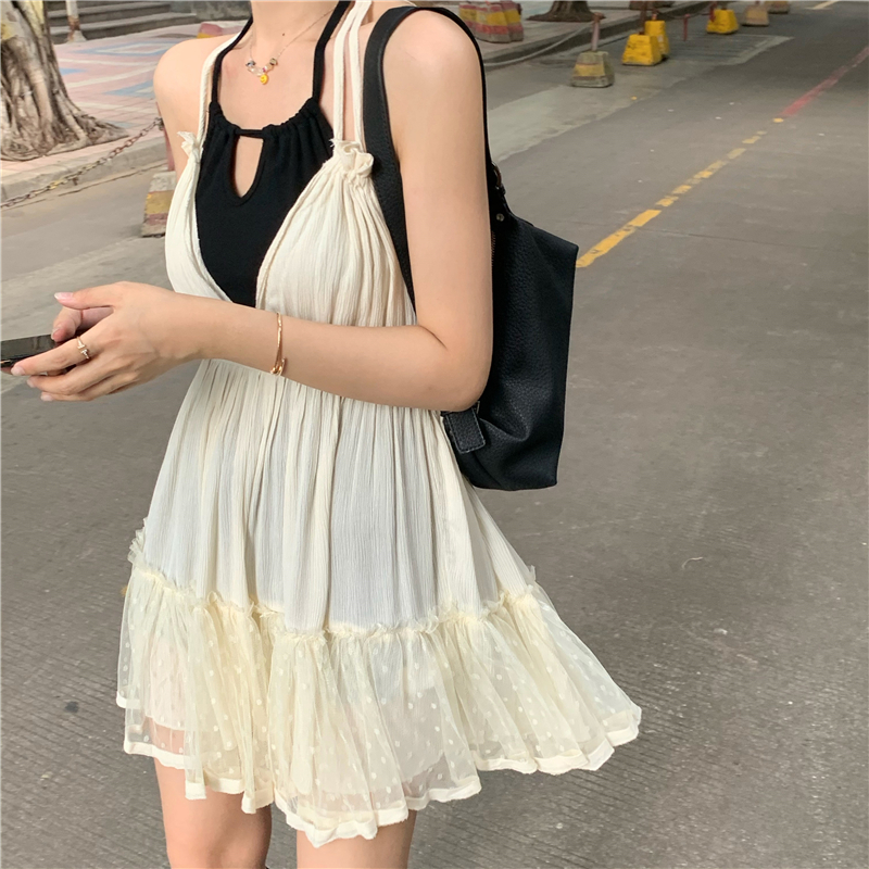 Summer mini dress for Womens holiday style girls sweet loose lace up spaghetti strap dress womens (R98259)