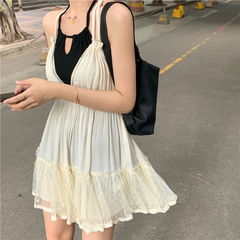 Summer mini dress for Womens holiday style girls sweet loose lace up spaghetti strap dress womens (R98259)