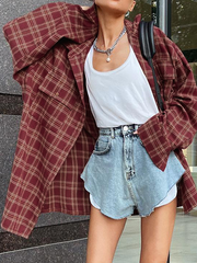 Lizakosht Street Style Red Plaid Shirts Women Irregular Long Sleeves Oversized Blouses Spring 2023 Loose Gingham Tops Trendy