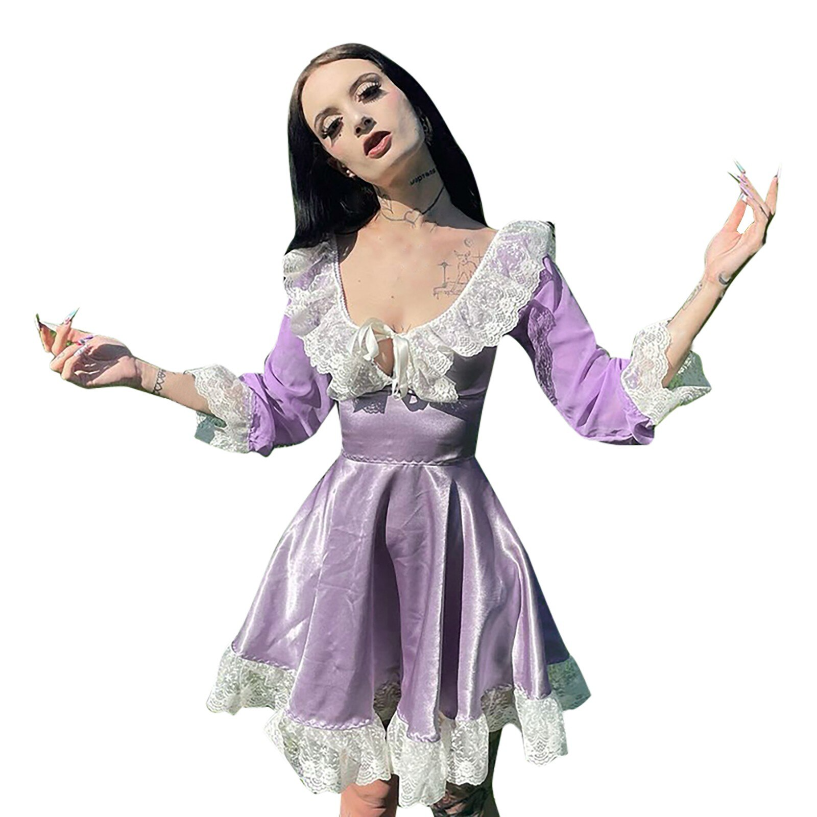 Sweet Lace Satin Dress Purple Turn-down Neck Coquette Aesthetic A-line Mini Corset Dresses Party Holiday Kawaii Outfit