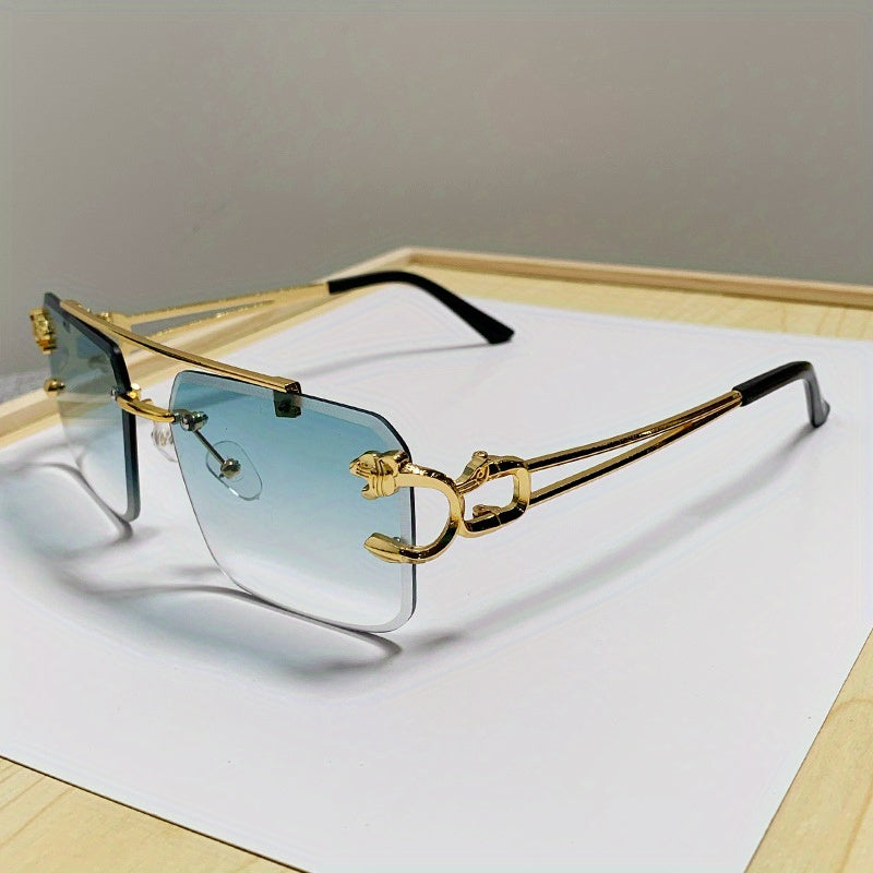 1pc Men's Trendy Square Rimless Sunglasses, Super Cool Gold Tiger Head Decoration Sunglasses Men's Driving Sunshade Anti-glare Glasses