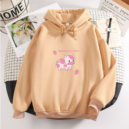 Cow Print Kawaii Hoodie Strawberry Casual Pullover Oversized Sweatshirt Aesthetic Clothes for Women Funny Hoodies Sudadera Mujer