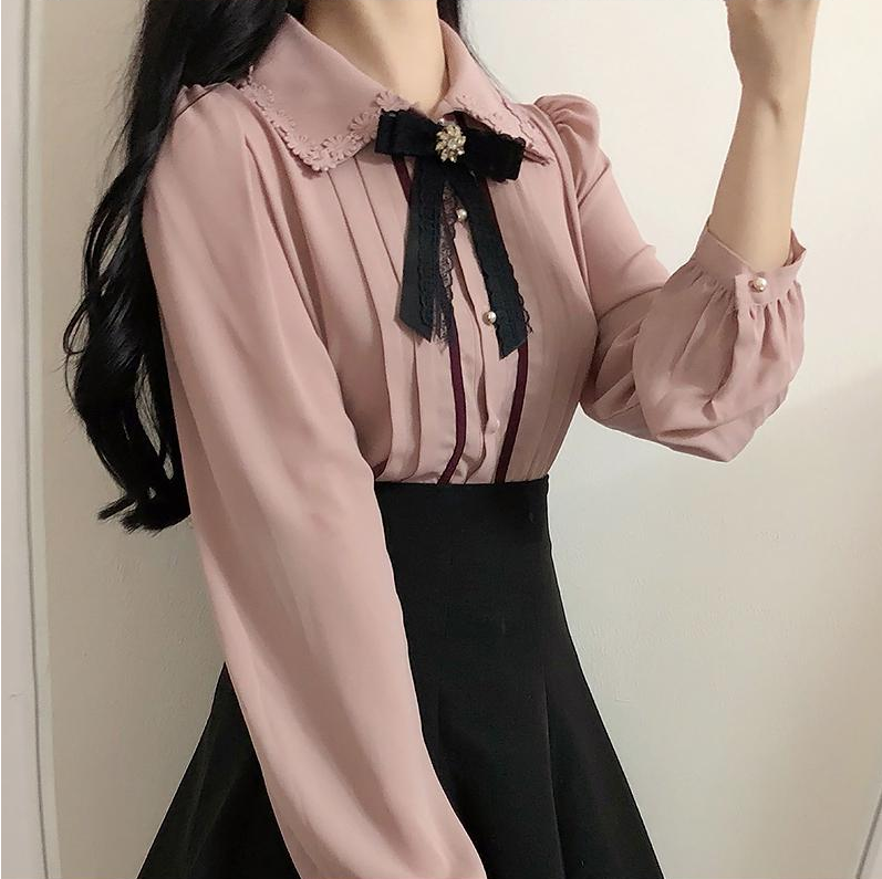 Lizakosht Spring Women's Cute Tops Preppy Style Vintage Japaneses Korea Design Button Elegant Formal Shirts Blouses Pink White 12020