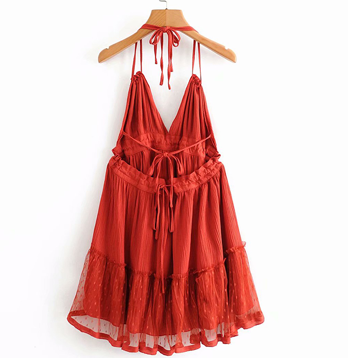 Lizakosht-Sexy Backless Lace Spliced Dress Summer Halter V-neck Mini Dresses Woman Dress Elegant Evening