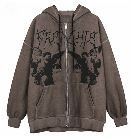 Lizakosht  Y2K Fairy Grunge Printing Oversize Zipper Hoodies Vintage Streetwear Big Pockets Hooded Long Sleeve Sweats Green Jackets
