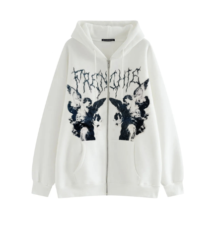 Lizakosht  Y2K Fairy Grunge Printing Oversize Zipper Hoodies Vintage Streetwear Big Pockets Hooded Long Sleeve Sweats Green Jackets