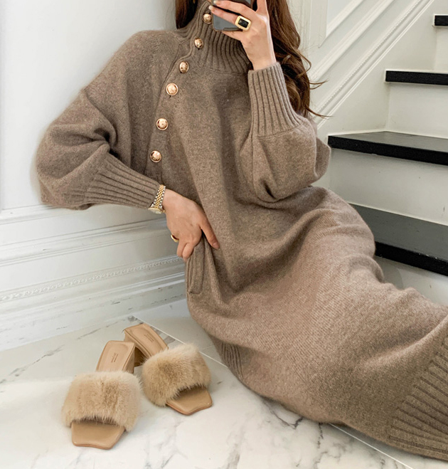 Korean Autumn Winter Retro Button Two-wear Sweater Dress Waist Knitted Dress Women Solid Color Fashion Turtleneck Long Sleeve
