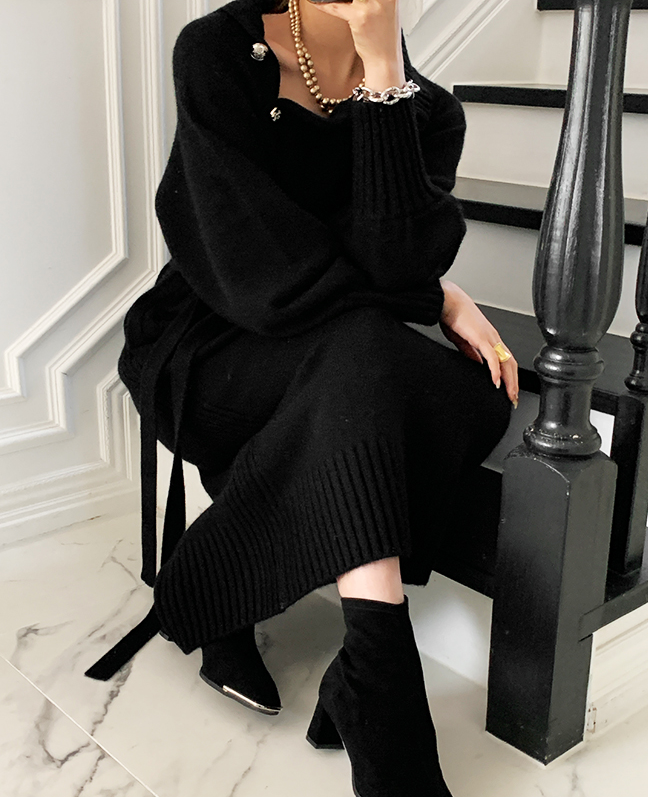 Korean Autumn Winter Retro Button Two-wear Sweater Dress Waist Knitted Dress Women Solid Color Fashion Turtleneck Long Sleeve
